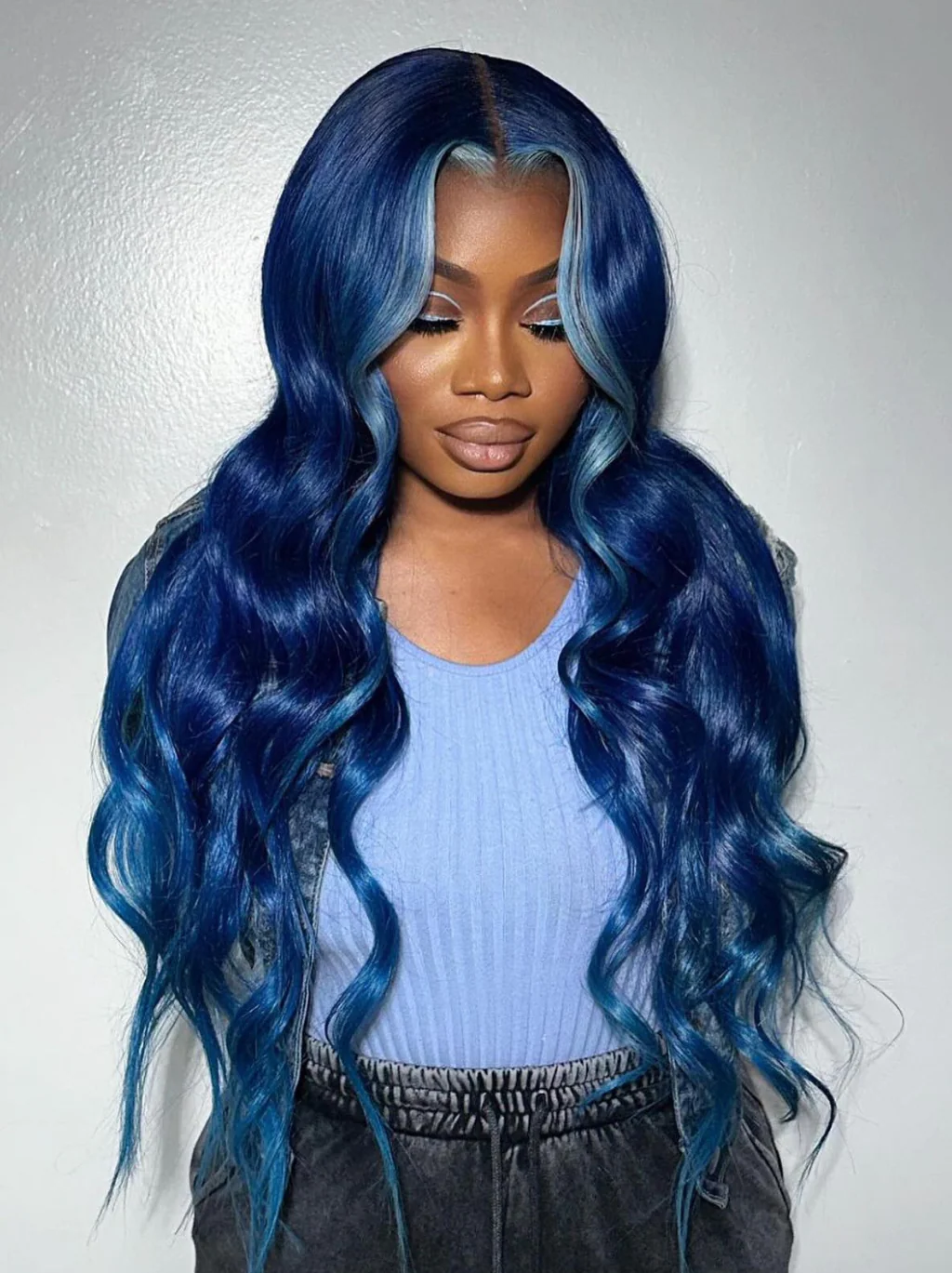Dorsanee Skunk Stripe Light Blue Royal Blue Color 200 Density 13x4 Lace Front Body Wave Human Hair Wigs - Image 5