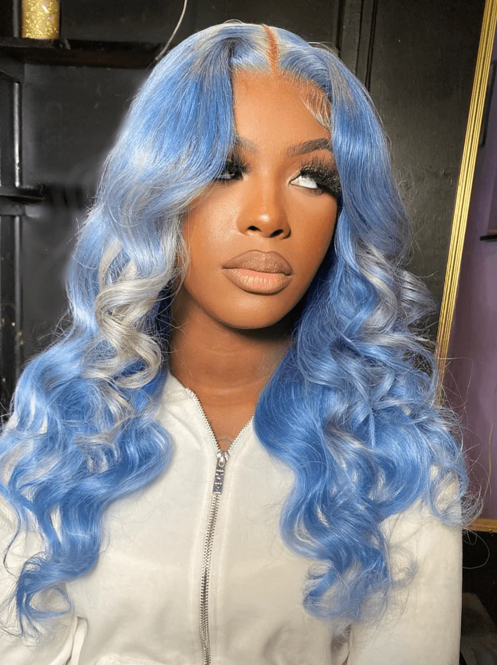 Dorsanee Sky Blue With Grey Streaks 13x4 HD Lace Front Human Hair Wigs - Image 3