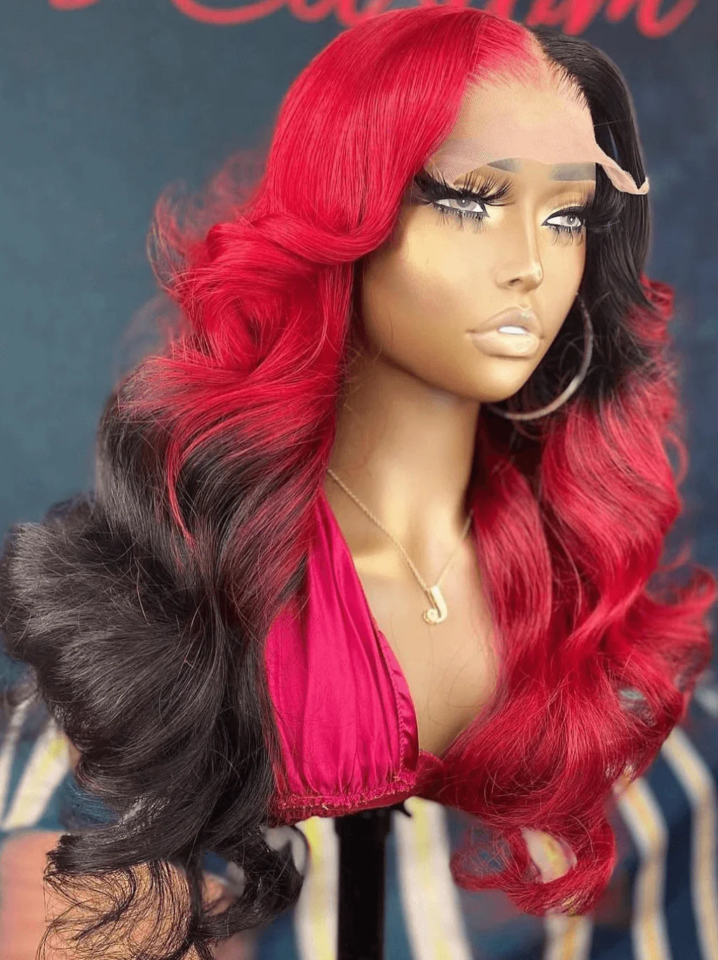 Dorsanee Split Dye Black Red Straight Body Wave 13X4 Lace Front Human Hair Wigs - Image 2
