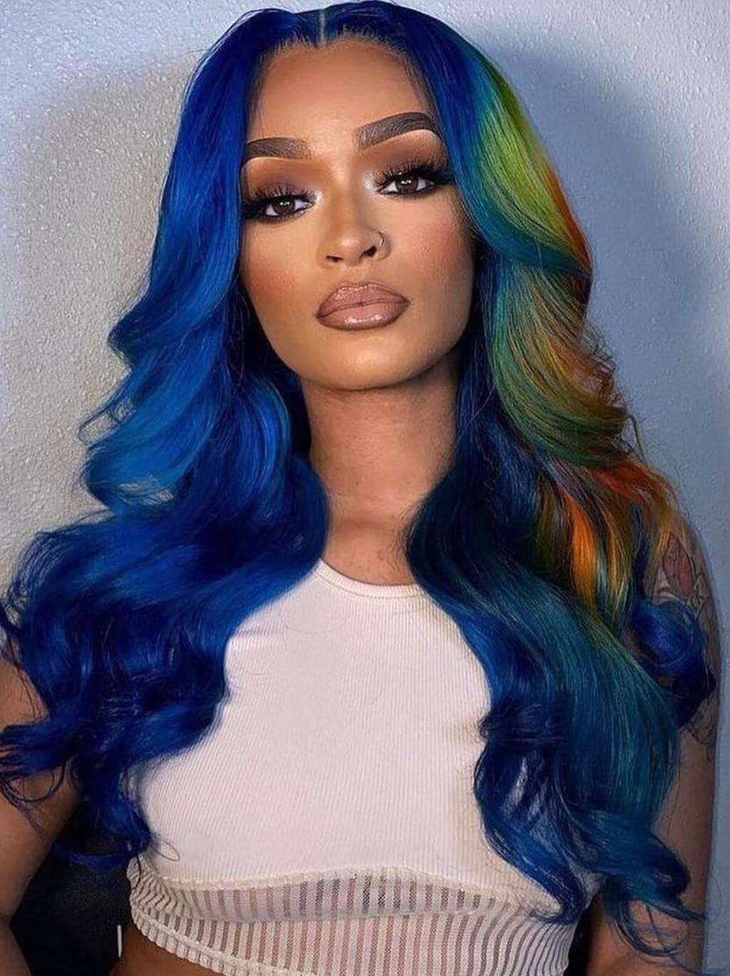 Dorsanee Split Dye Blue Ombre Yellow Copper Red 13x4 Lace Front Human Hair Wigs - Image 5