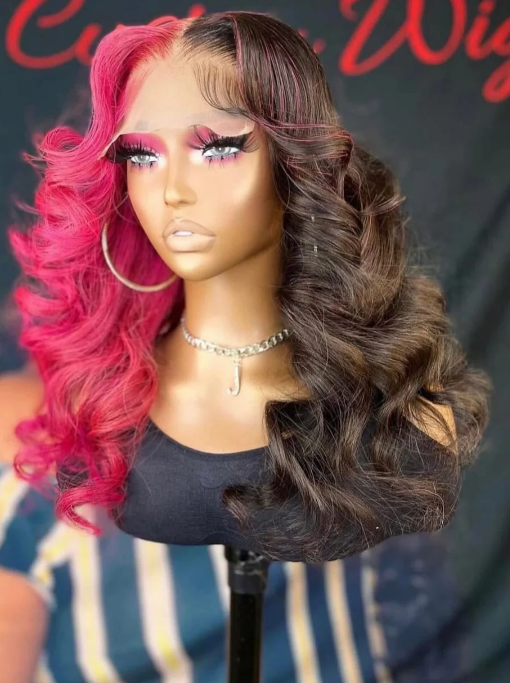 Dorsanee Split Dye Half Black Half Red 200 Density 13x4 Lace Front Human Hair Wigs - Image 2