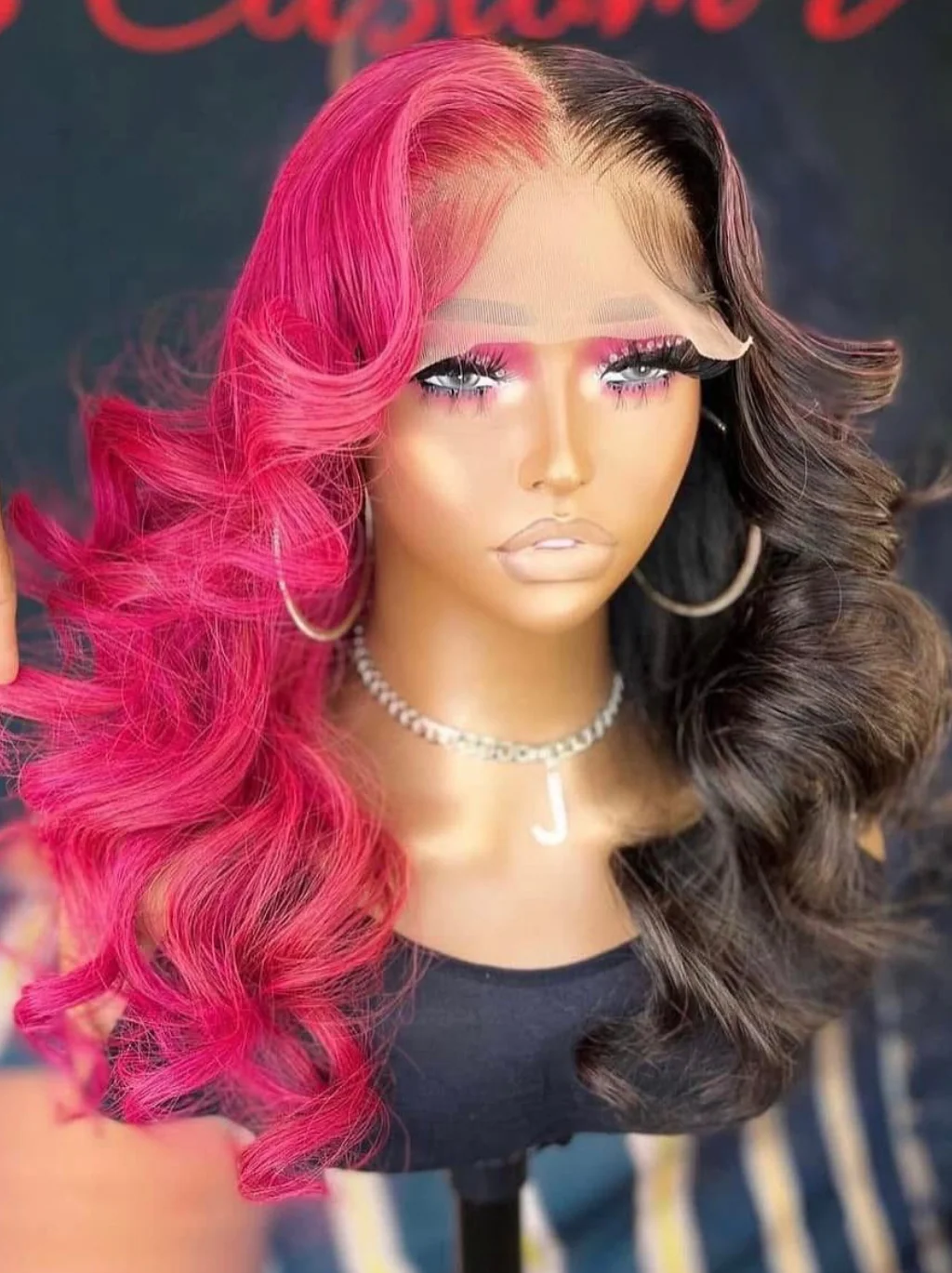 Dorsanee Split Dye Half Black Half Red 200 Density 13x4 Lace Front Human Hair Wigs - Image 3