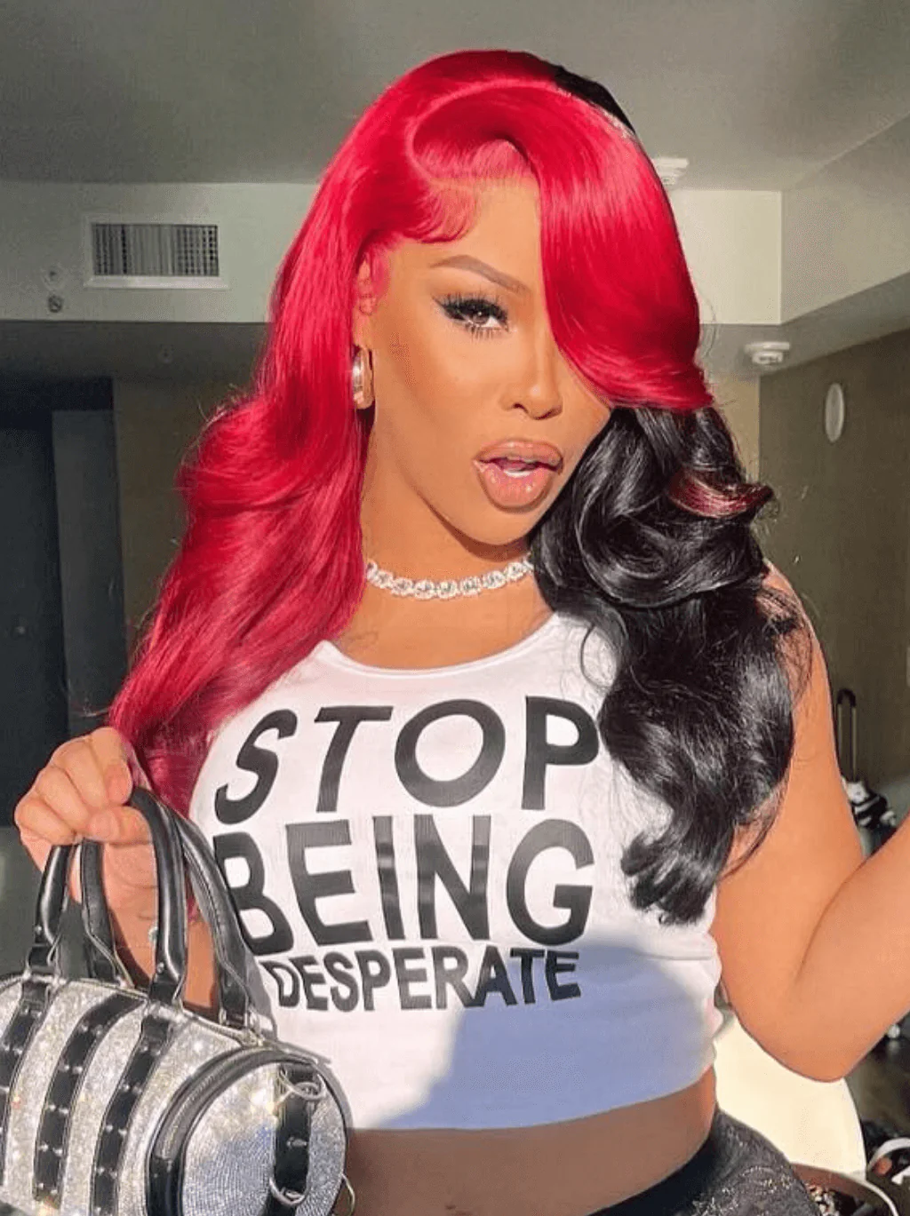 Dorsanee Split Dye Half Black Half Red Two Tones 13x4 Lace Front Human Hair Wig - Image 3