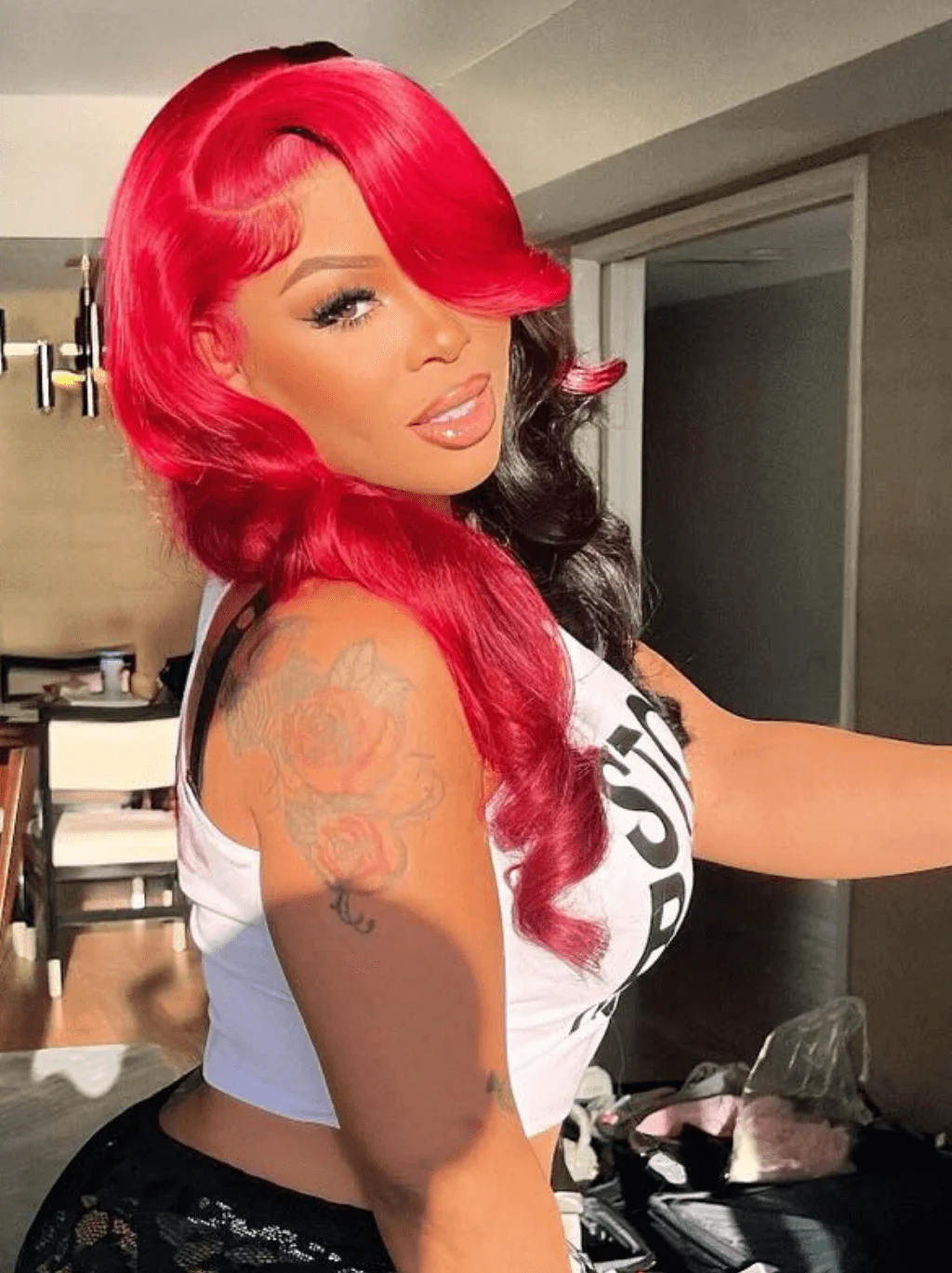 Dorsanee Split Dye Half Black Half Red Two Tones 13x4 Lace Front Human Hair Wig - Image 4