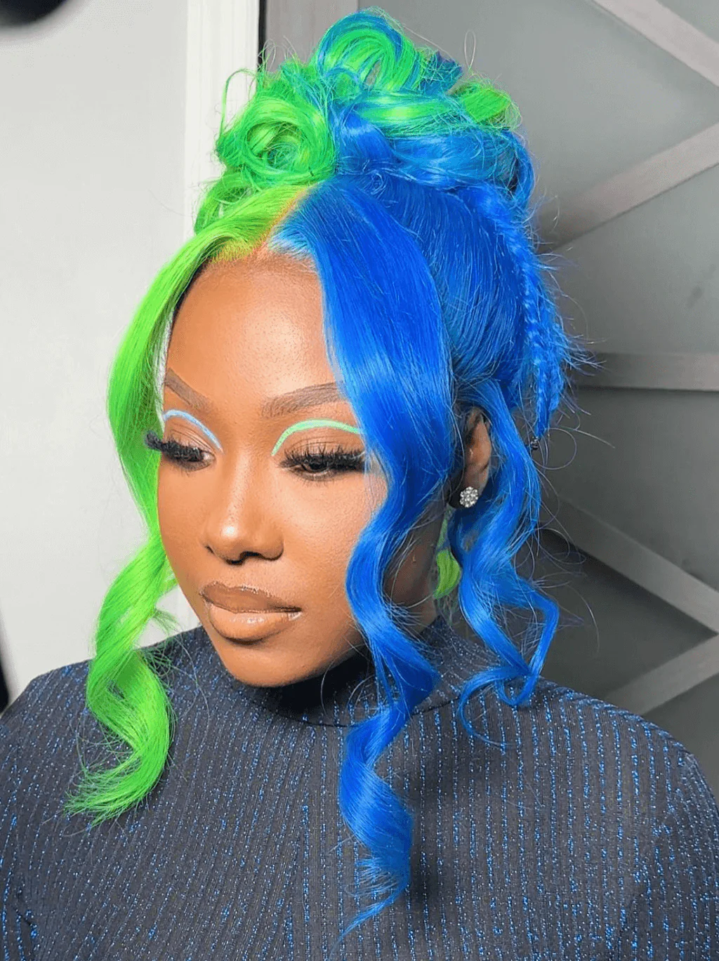 Dorsanee Split Dye Half Green Half Blue 13x4 Lace Front Virgin Human Hair Wigs - Image 3