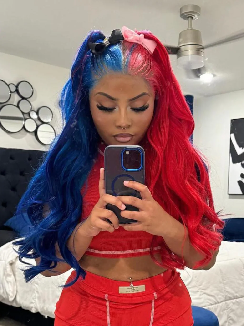 Dorsanee Split Dye Half Red Half Blue 13x4 Lace Front Human Hair Wigs 200 Density - Image 2