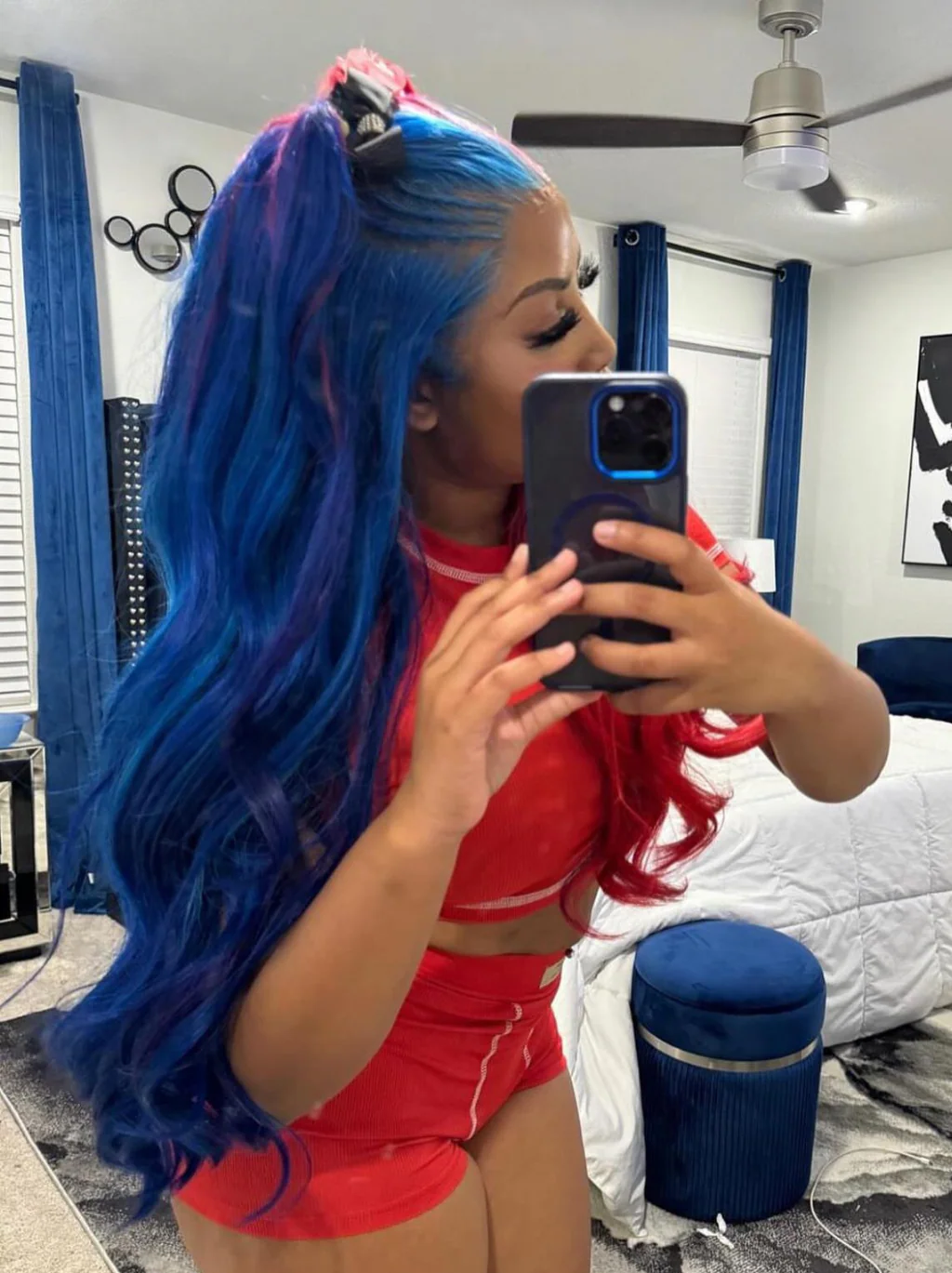 Dorsanee Split Dye Half Red Half Blue 13x4 Lace Front Human Hair Wigs 200 Density - Image 3
