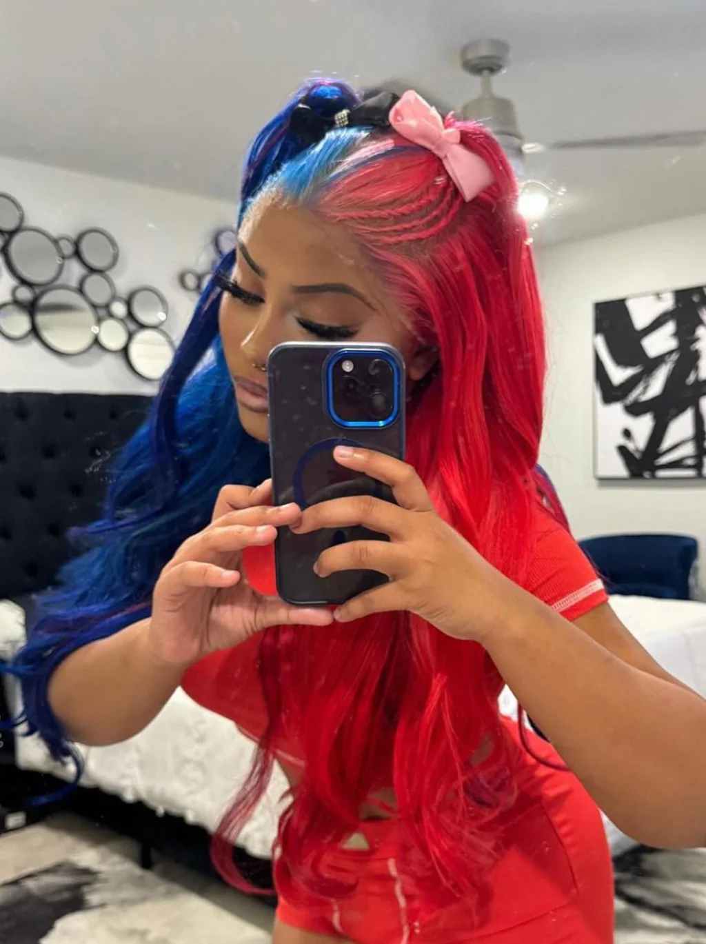Dorsanee Split Dye Half Red Half Blue 13x4 Lace Front Human Hair Wigs 200 Density - Image 4
