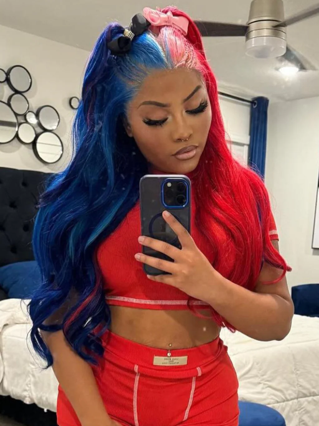 Dorsanee Split Dye Half Red Half Blue 13x4 Lace Front Human Hair Wigs 200 Density - Image 5