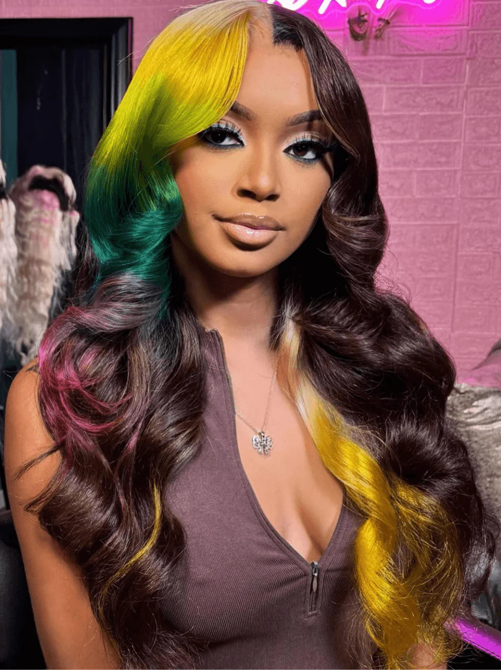 Dorsanee Split Dye Ombre Yellow Dark Blue Red Brown 13x4 HD Lace Front Human Hair Wig - Image 3