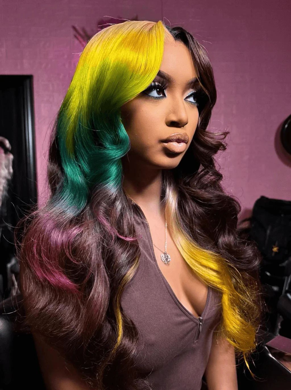 Dorsanee Split Dye Ombre Yellow Dark Blue Red Brown 13x4 HD Lace Front Human Hair Wig - Image 4