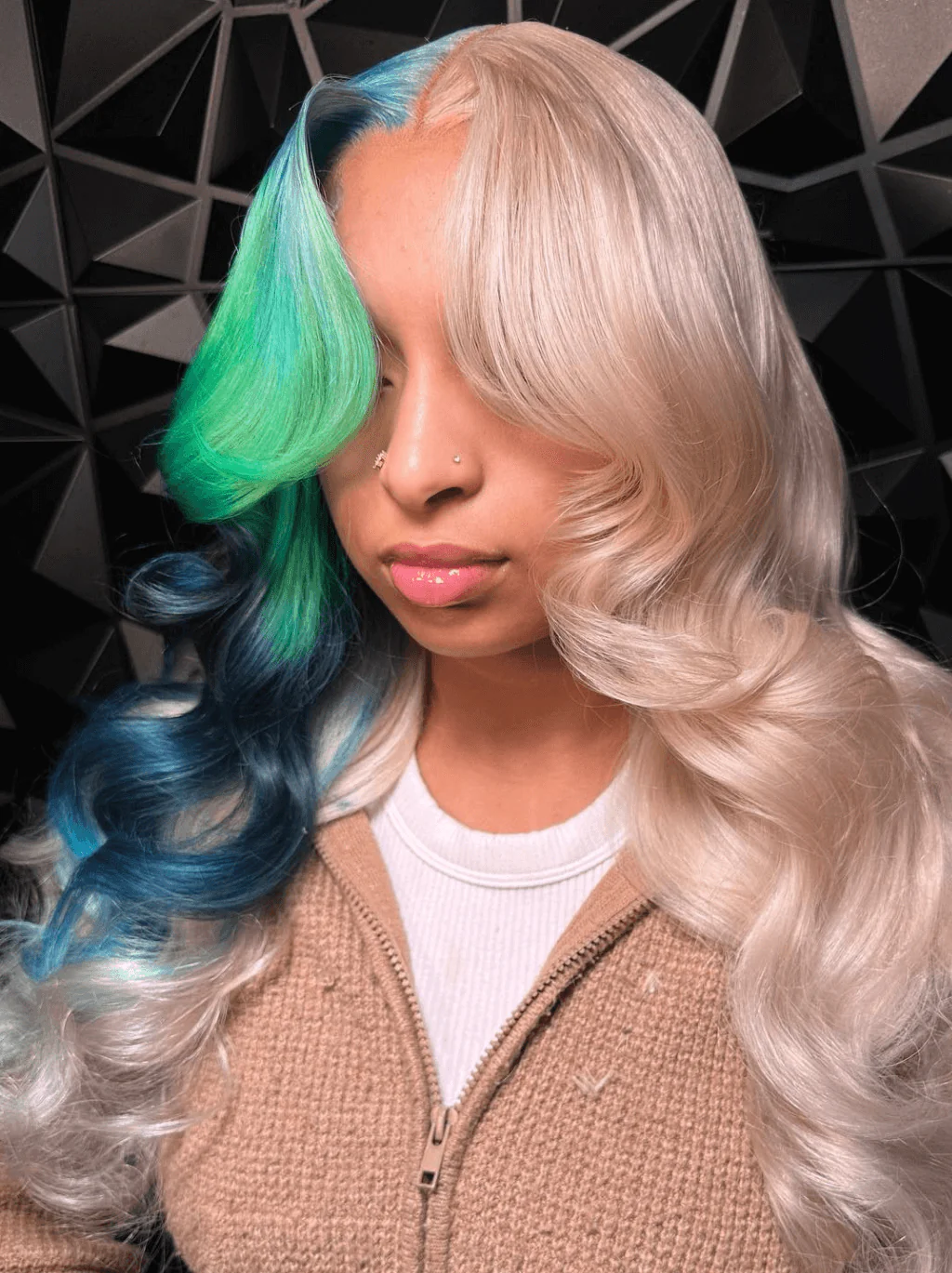 Dorsanee Split Dye Platinum Blonde Ombre Blue Green Dark Blue Human Hair Wigs - Image 2