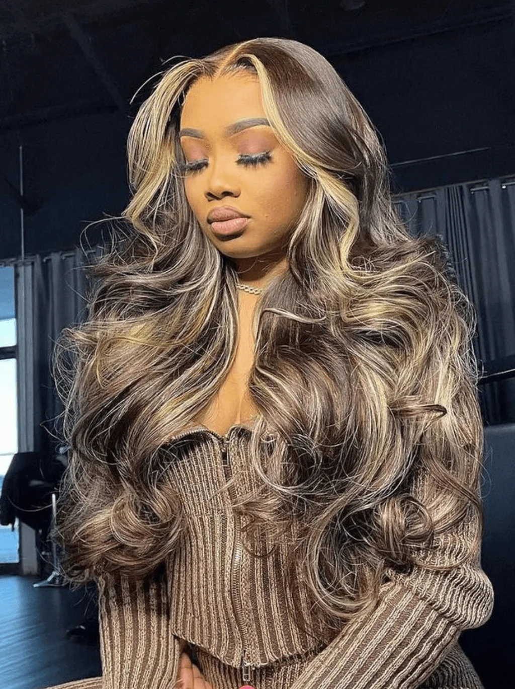 Dorsanee Strawberry Blonde Chocolate Brown  Skunk Stripe Highlight Streaks 13x4 Lace Front Human Hair Wigs - Image 2