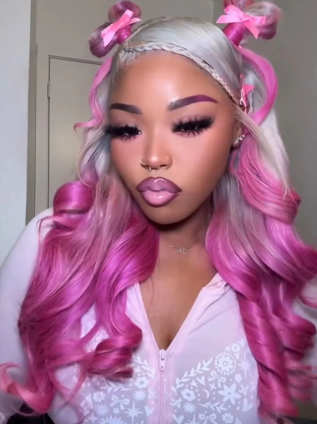 Dorsanee Two Tone Ombre Platinum Silver Gray Vibrant Bubblegum Fuchsia Pink 13x4 Lace Front Human Hair Wig - Image 3
