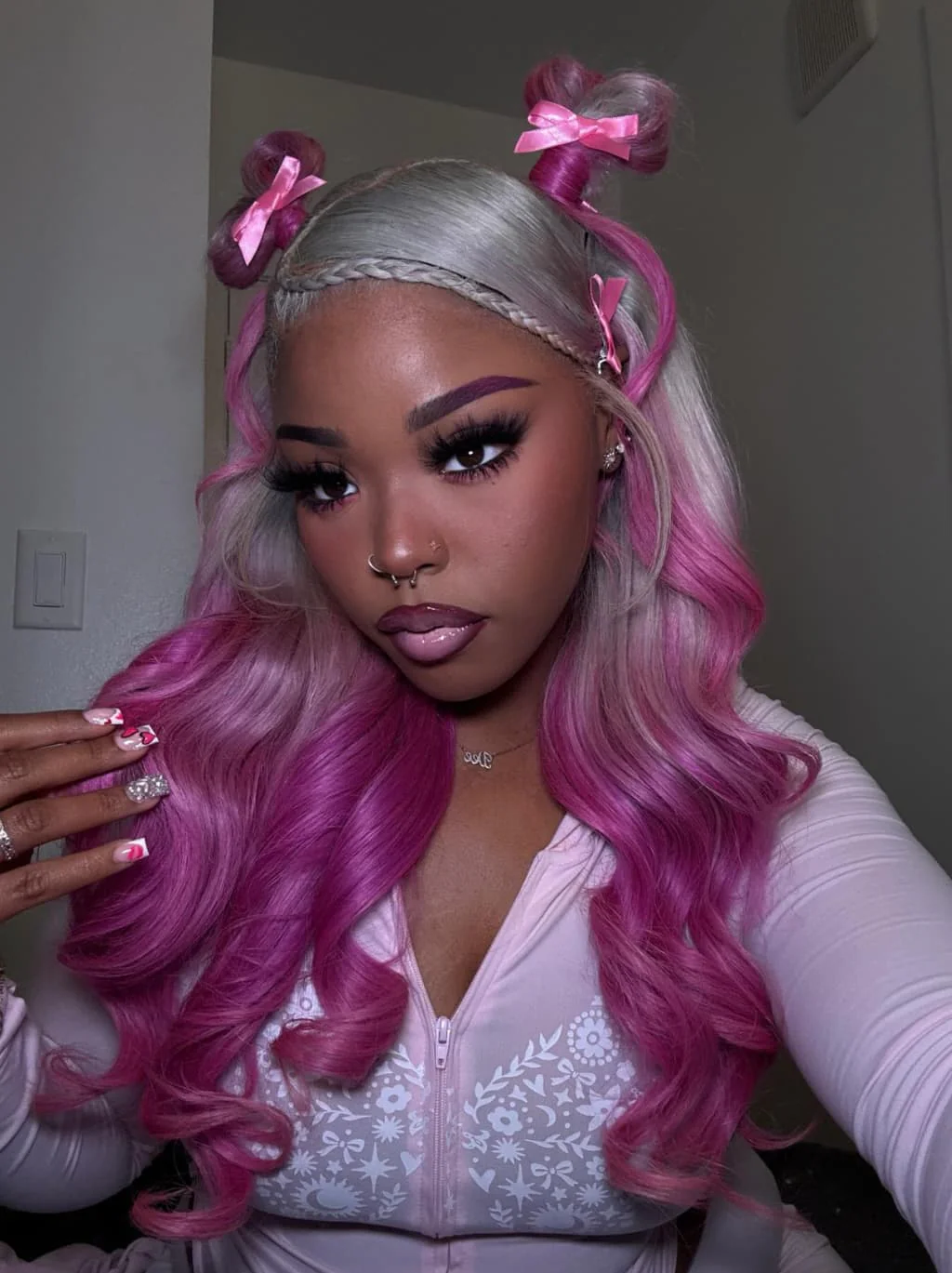 Dorsanee Two Tone Ombre Platinum Silver Gray Vibrant Bubblegum Fuchsia Pink 13x4 Lace Front Human Hair Wig - Image 4