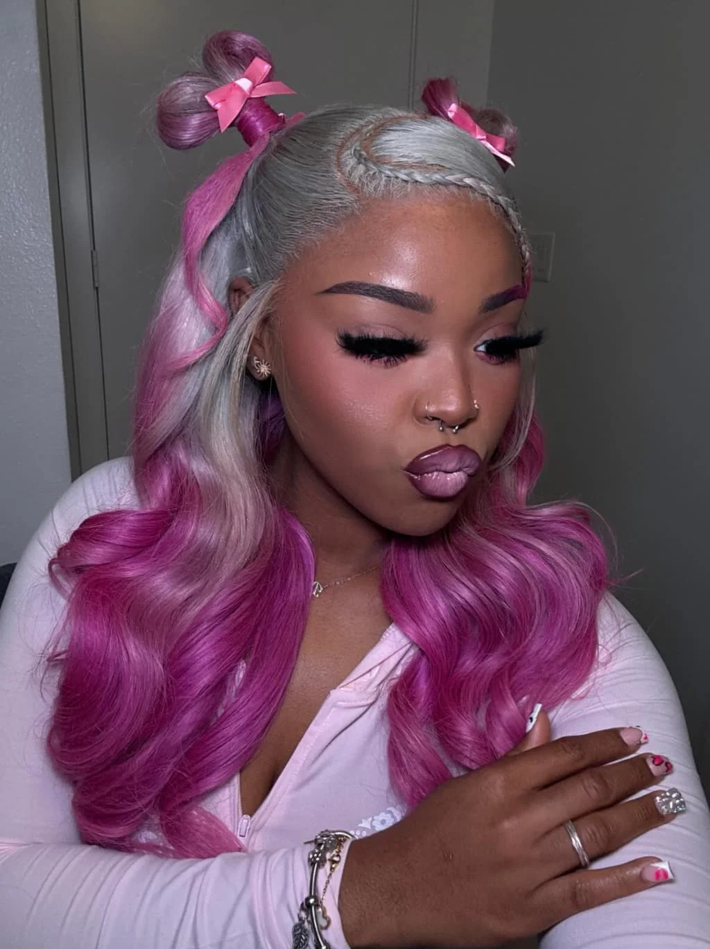 Dorsanee Two Tone Ombre Platinum Silver Gray Vibrant Bubblegum Fuchsia Pink 13x4 Lace Front Human Hair Wig - Image 5
