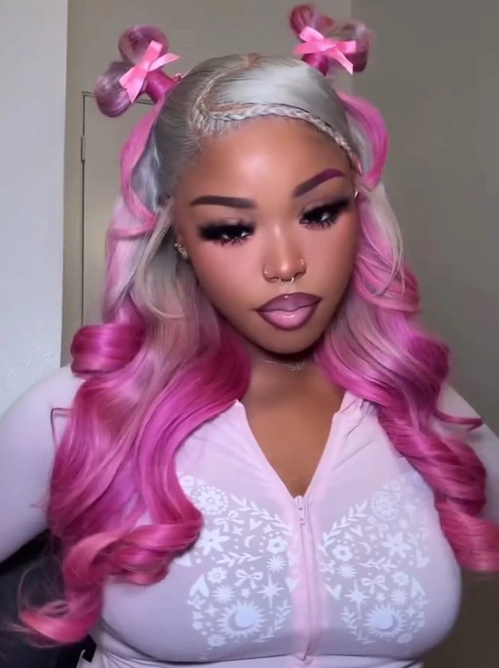 Dorsanee Two Tone Ombre Platinum Silver Gray Vibrant Bubblegum Fuchsia Pink 13x4 Lace Front Human Hair Wig - Image 6