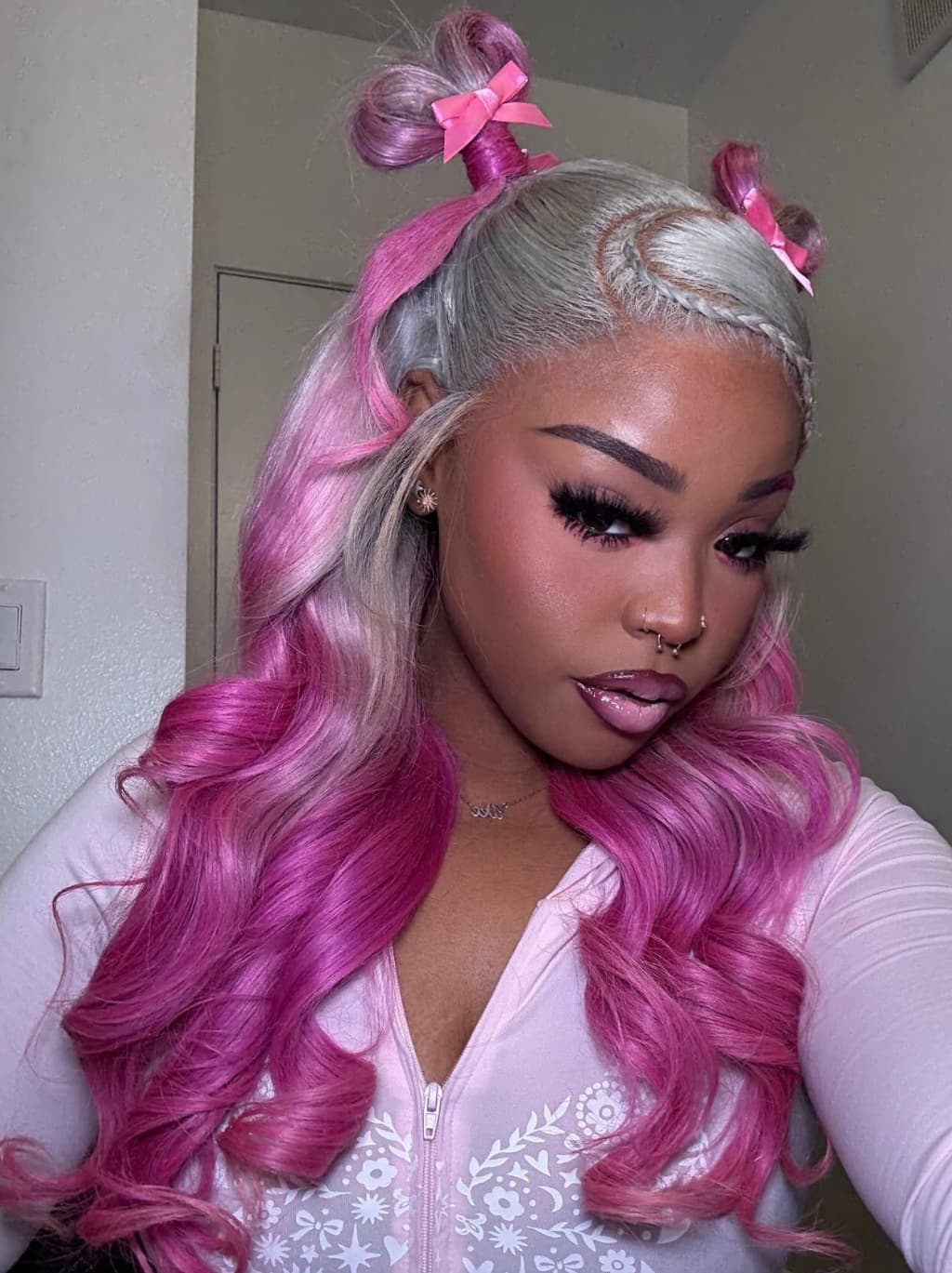 Dorsanee Two Tone Ombre Platinum Silver Gray Vibrant Bubblegum Fuchsia Pink 13x4 Lace Front Human Hair Wig - Image 7