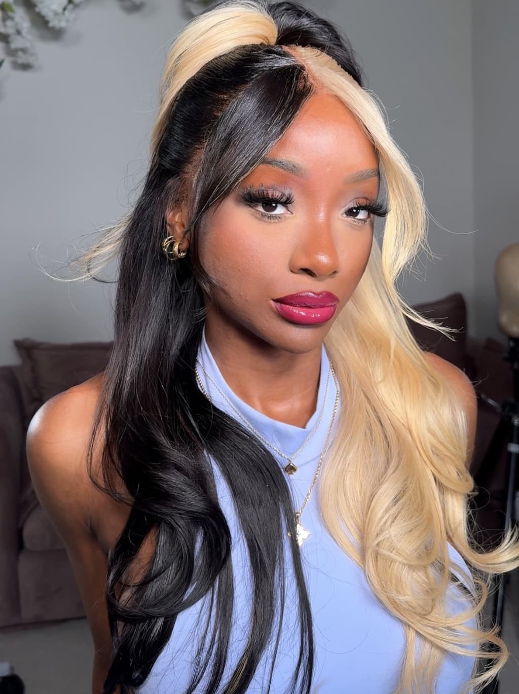 Dorsanee Split Dye Half Blonde Half Black Color 200 Density Lace Front Hair Wig - Image 2