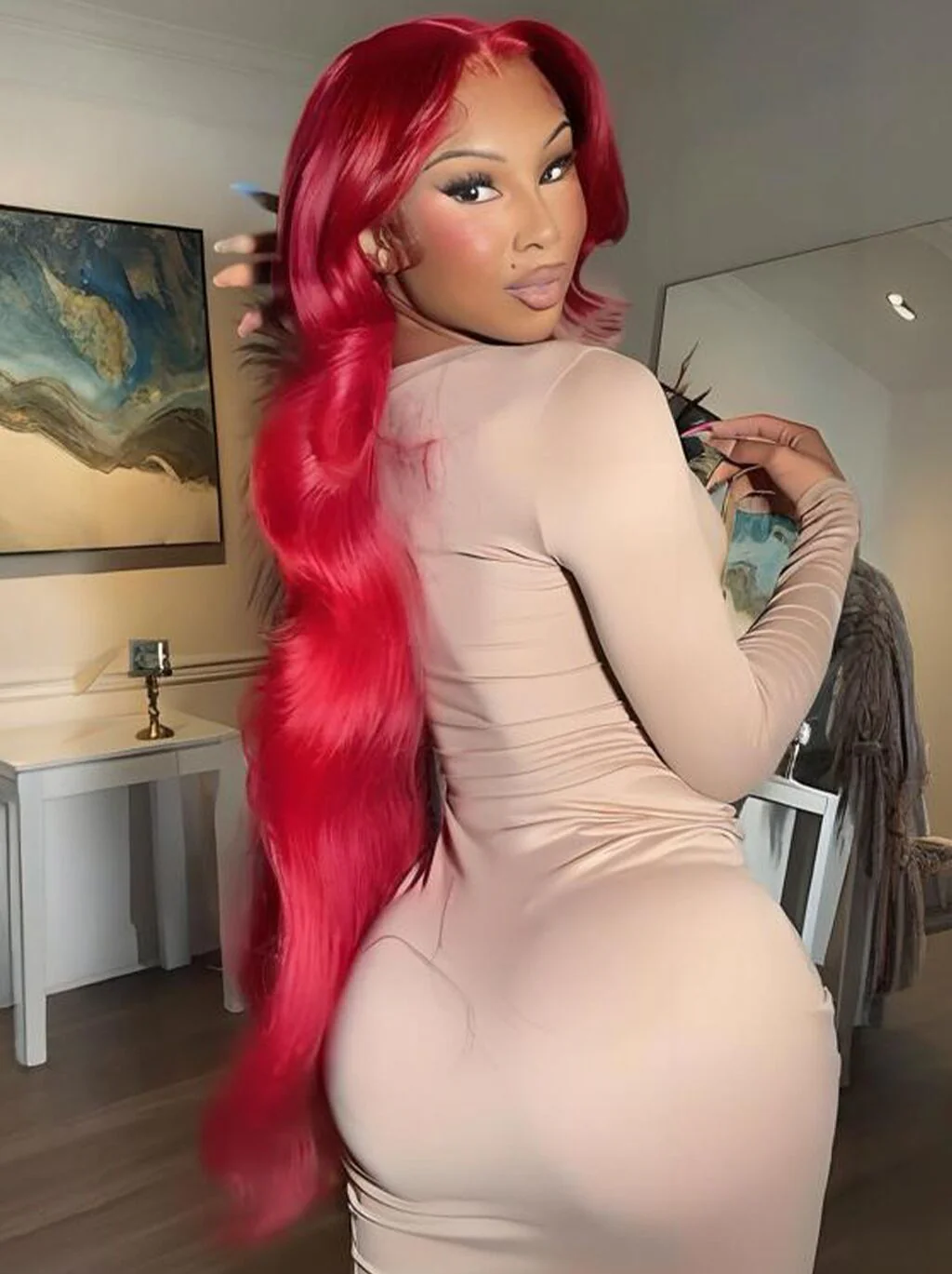 Dorsanee Vibrant Burgundy Red 42 40 38 36 34 32 30 inch Knee Length 13x4 Lace Front Human Hair Wigs - Image 3