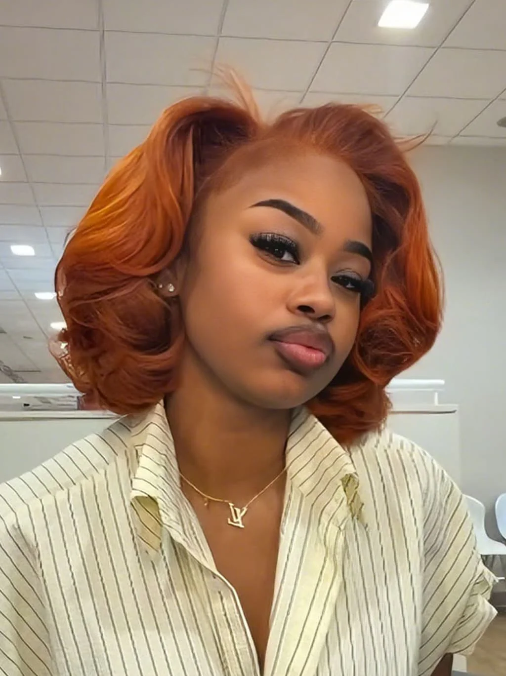 Dorsanee Vibrant Pumpkin Copper Orange Short Bob Body Wave Curls 13x4 Lace Front Human Hair Wig - Image 2