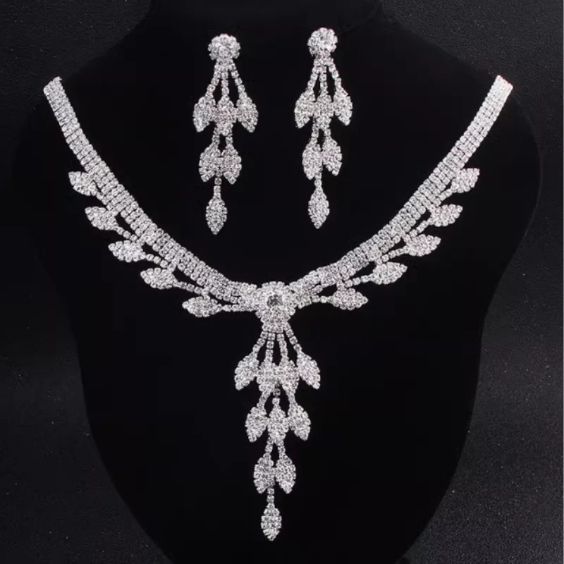 Dorsanee Hair Leaf Tassel Rhinestone Necklace and Earrings Jewelry Set - Image 3