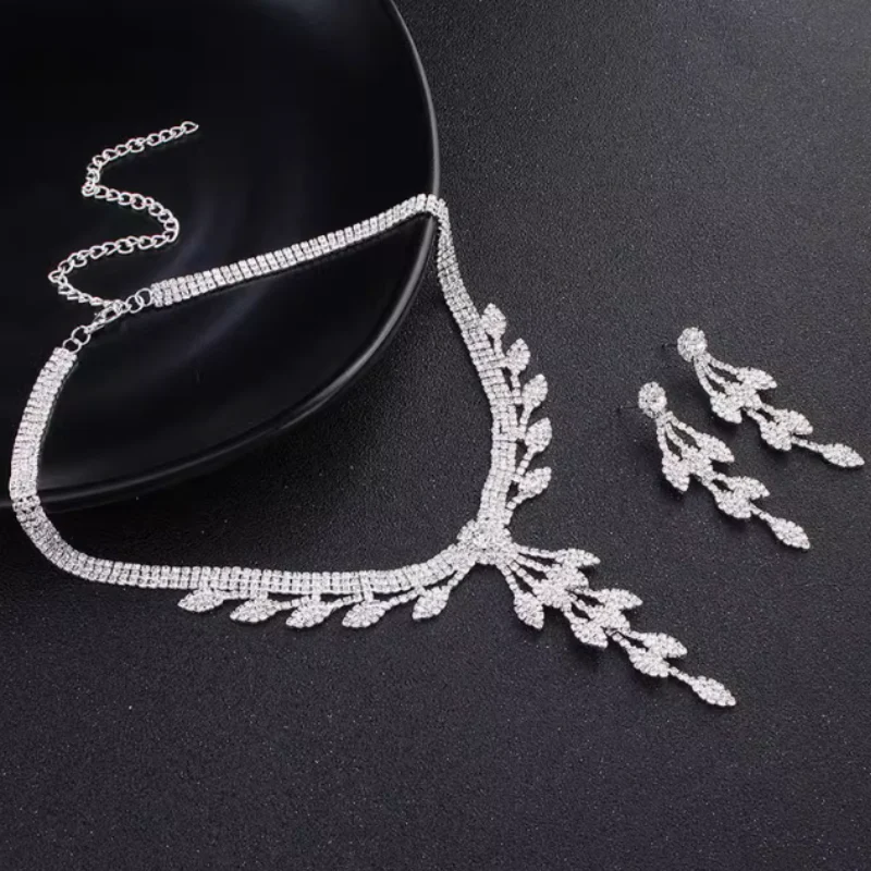 Dorsanee Hair Leaf Tassel Rhinestone Necklace and Earrings Jewelry Set - Image 5