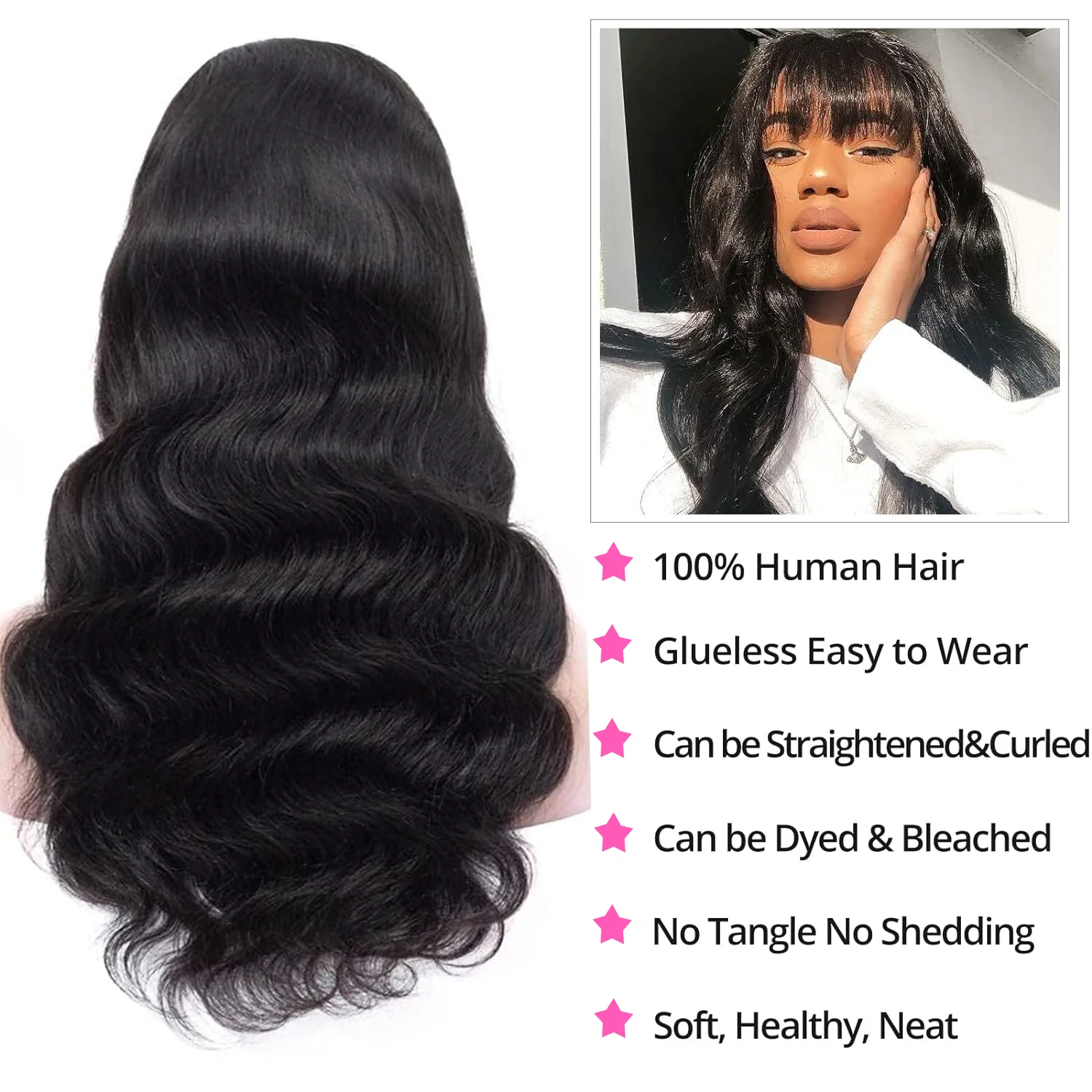 Dorsanee Natural Black Body Wave Machine Made Wig With Bangs 100% Human Hair Wig - Image 4