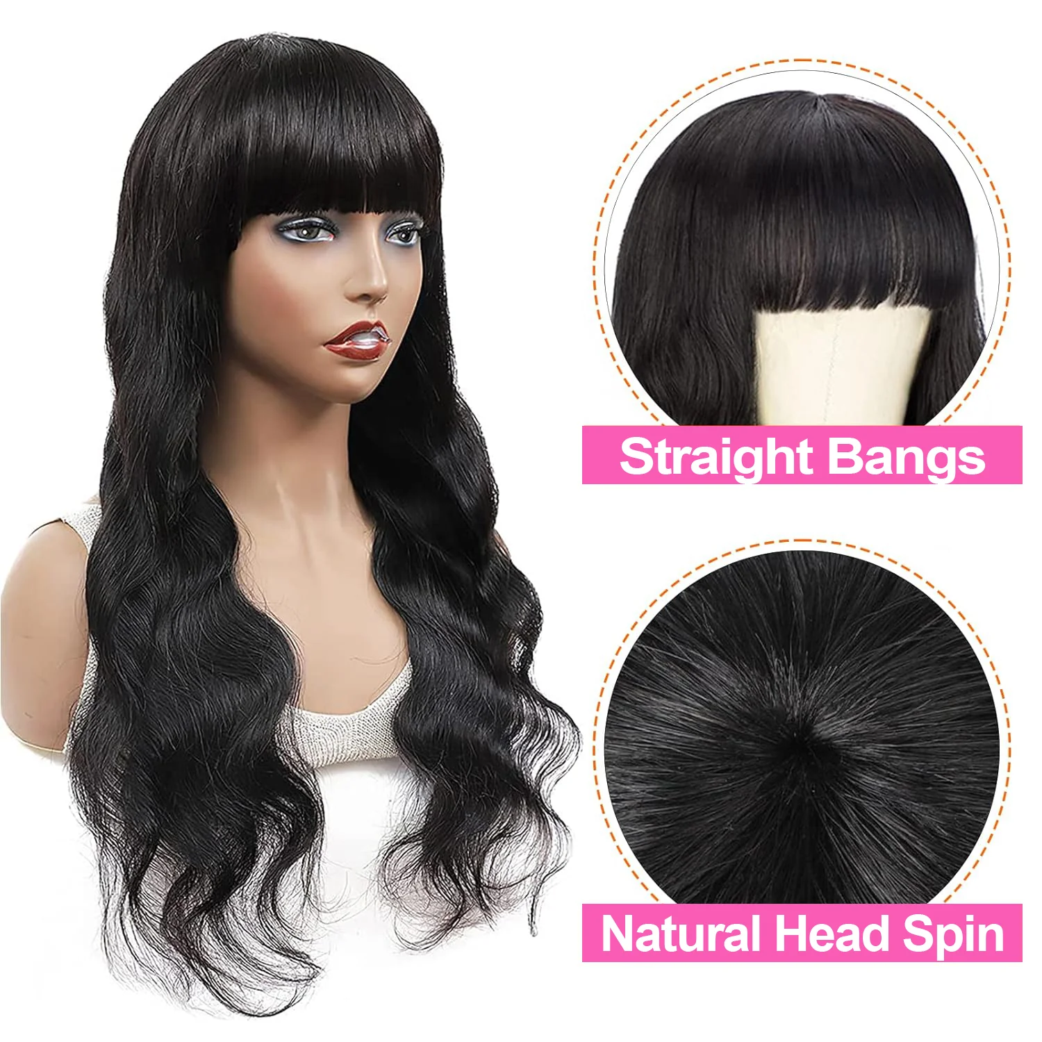 Dorsanee Natural Black Body Wave Machine Made Wig With Bangs 100% Human Hair Wig - Image 5