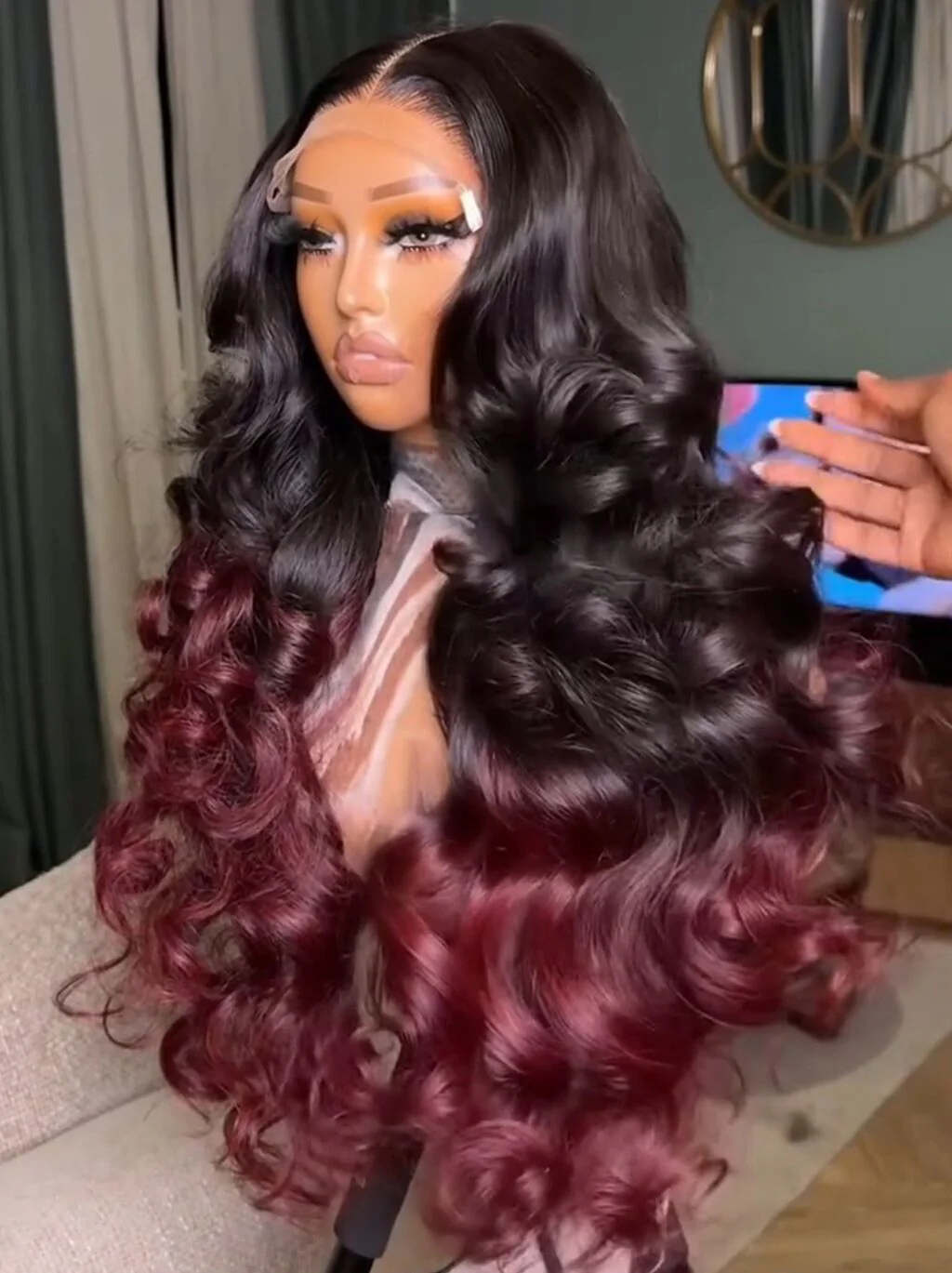 Dorsanee Ombre Black Deep Burgundy Red Voluminous Soft Big Bouncy Loose Body Wave Curls 300 Density 13x4 Lace Front Human Hair Wig - Image 2