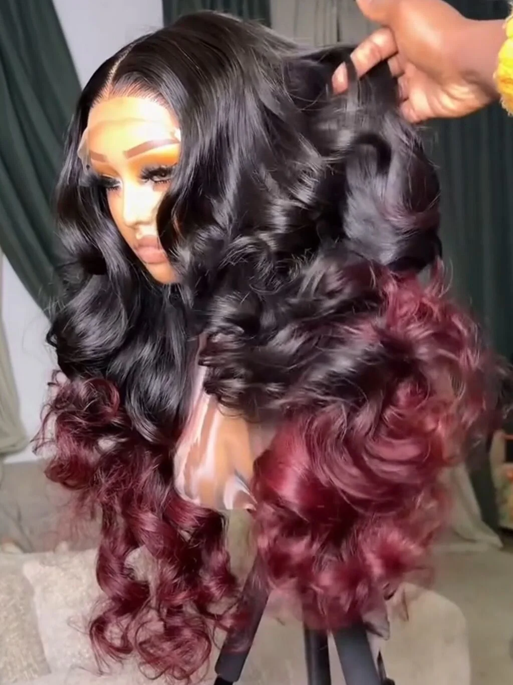 Dorsanee Ombre Black Deep Burgundy Red Voluminous Soft Big Bouncy Loose Body Wave Curls 300 Density 13x4 Lace Front Human Hair Wig - Image 3