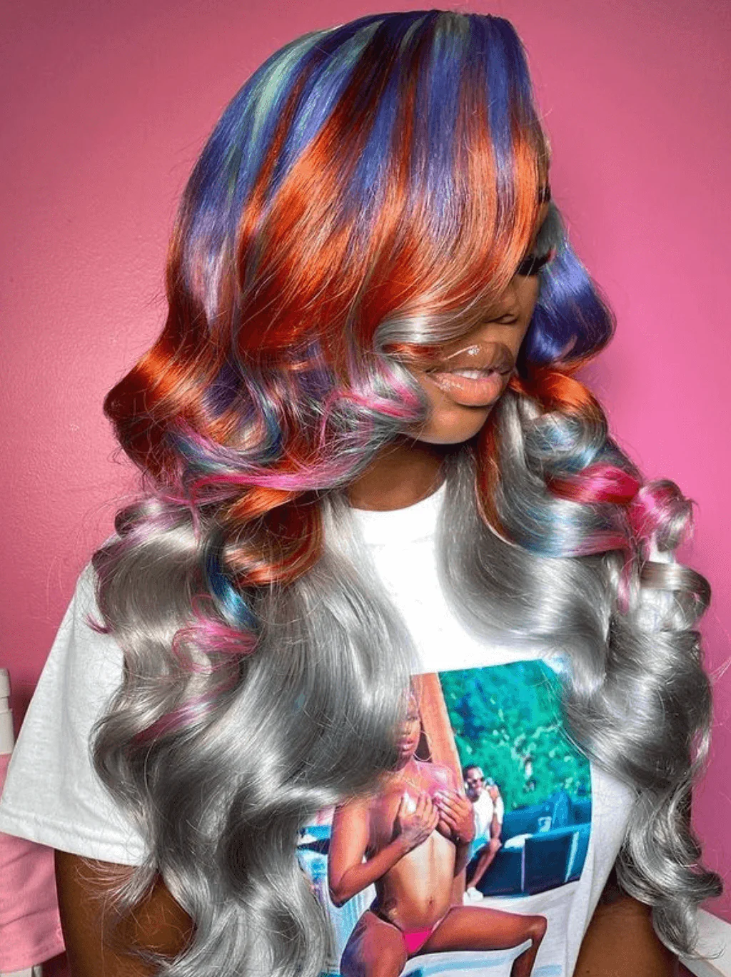 Dorsanee Ombre Blue Ginger Orange Pink Red Gray Color Lace Front Human Hair Wig - Image 2