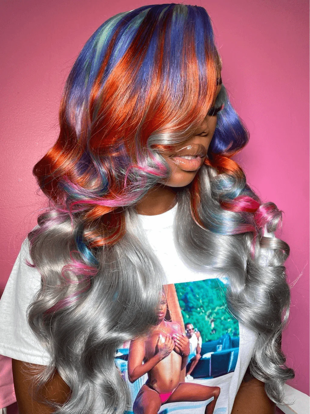 Dorsanee Ombre Blue Ginger Orange Pink Red Gray Color Lace Front Human Hair Wig - Image 3