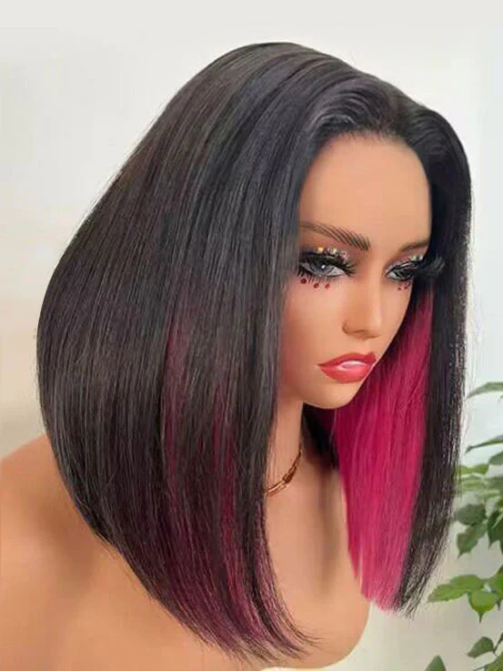 Dorsanee Peekaboo Two Tones Black with Red Blonde Green Purple Blue Pink Short Straight Hair Bob Wigs - Image 5